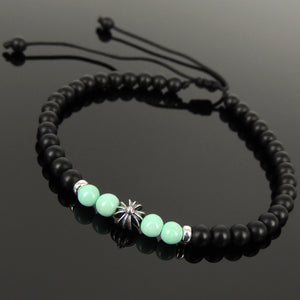 Natural Healing Gemstone Bracelet with Cross Bead - Matte Black Onyx, Natural Untreated Turquoise, Handmade & Braided with Easily Adjustable Durable Cords for Multiple Sizes, Genuine 925 Sterling Silver