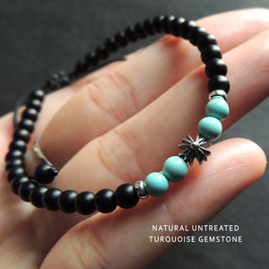 Natural Healing Gemstone Bracelet with Cross Bead - Matte Black Onyx, Natural Untreated Turquoise, Handmade & Braided with Easily Adjustable Durable Cords for Multiple Sizes, Genuine 925 Sterling Silver
