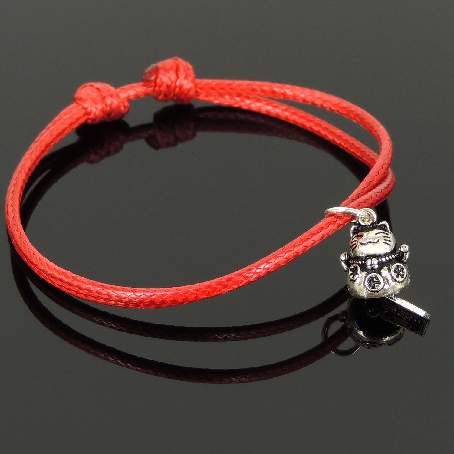 Maneki Neko Charm/Pendant, "Lucky Cat", Bright Red Wax Rope Bracelet with Genuine 925 Sterling Silver Chinese Calligraphy Scrolls - Blessing, Wealth, and Protection