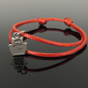 Red Wax Rope Bracelet | Maneki Neko Charm | Double-sided Lucky Cat with Chinese Calligraphy Symbols | "Blessing" & "Attraction of Wealth" | Unplated Genuine 925 Sterling Silver