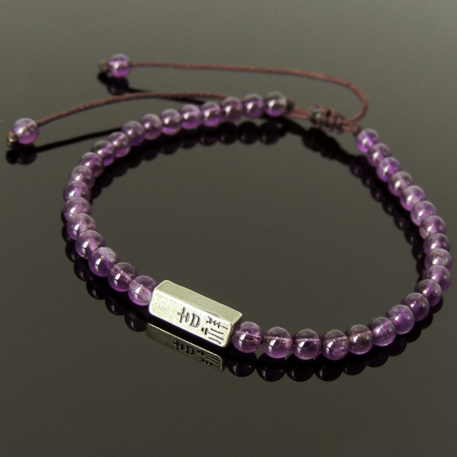 Handmade Natural Healing Amethyst Gemstones | 4mm SMALL BEADS | Double-sided Rectangular Charm with Ancient Chinese Calligraphy Characters | 吉祥如意 "May all your wishes come true!"