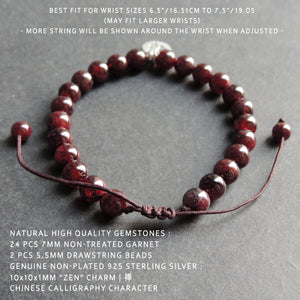 Handmade Braided Bracelet | 7mm Natural Healing Garnet Gemstones for Base & Crown Chakras | "Zen" 禅 Chinese Calligraphy Symbol | Braided Cords Easily Adjustable for Multiple Sizes