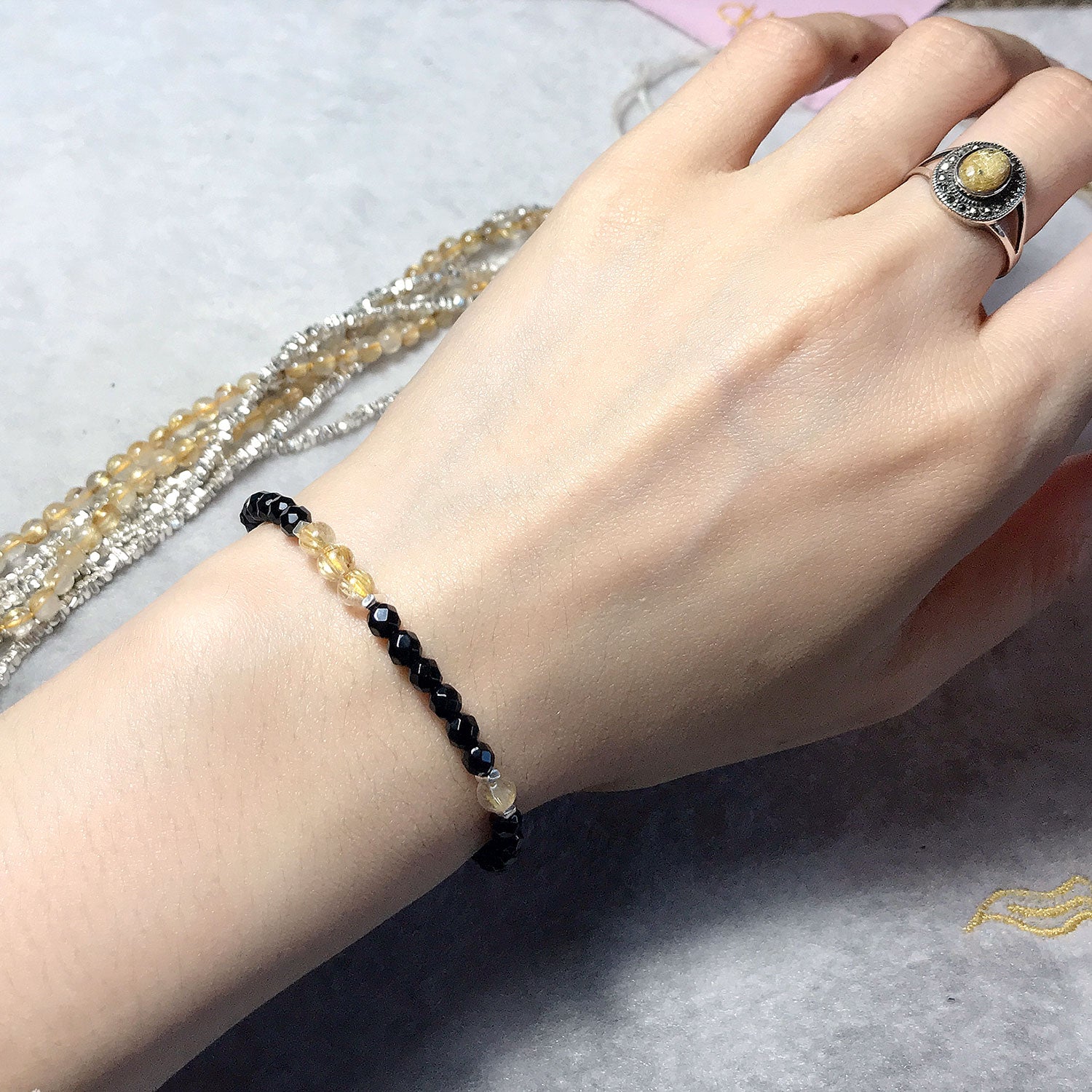 Simple Handmade Braided Bracelet | Natural High Grade AAA Golden Rutilated Quartz and Faceted Black Onyx | Happy Vibrant Healing Chakra Stones | Essential Jewelry for Meditation, Reiki, Awareness, Protection
