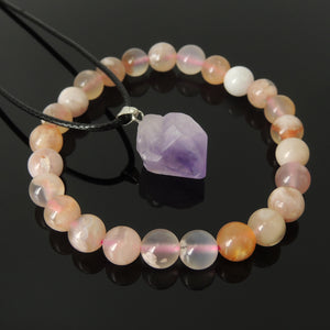 Wellness Gift Set | Genuine Flower Agate Gemstone Bracelet | Raw Amethyst Crystal Pendant Necklace | The perfect gift for loved ones, friends, and family | Energy Healing, Reiki Infused, Loving Chakra Stones