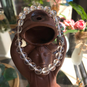 925 Silver Gautama Buddha Bead | Handmade Stretch Bracelet | Genuine Healing Clear Crystal Quartz 8mm Gemstone Beads | Colorless Rock Crystal for Clarity | Crown Chakra Stones