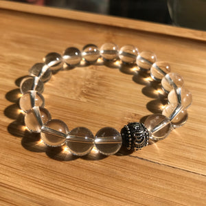 Genuine Healing Clear Crystal Quartz | 8mm Gemstone Beads | Cleansing Mantra Bead with Natural Wood and Genuine 925 Silver | Handmade Stretch Bracelet | Colorless Rock Crystal for Clarity | Crown Chakra Stones