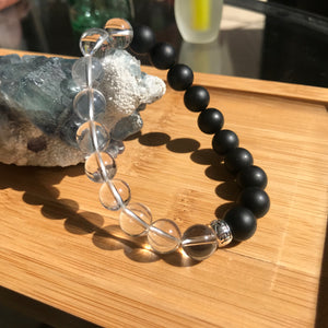 Genuine Clear Crystal Quartz, Matte Black Onyx | Handmade Stretch Bracelet | 10mm Healing Gemstones | Yin Yang Grounding Energy | Amplifier Crystal for Energizing your Surroundings