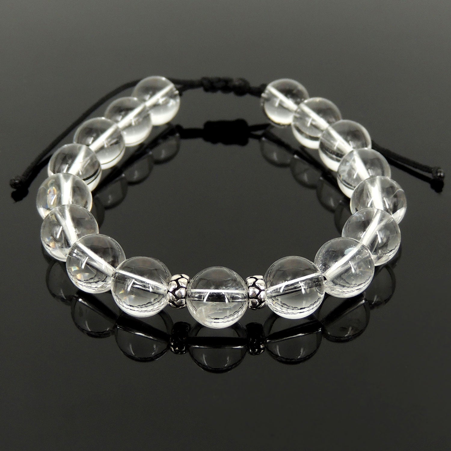 Genuine Clear Crystal Quartz Handmade Braided  Bracelet | 10mm Healing Aura Cleansing Gemstones | Amplifier Crystal for Revitalizing Crown Chakra | Genuine 925 Silver Beads