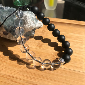 Genuine Clear Crystal Quartz, Matte Black Onyx | Handmade Braided Bracelet | 10mm Healing Gemstones | Yin Yang Powerful Energy Amplifier Crystal Cleansing Chakra Stones