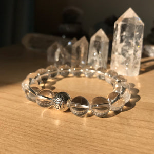 Clear Colorless Rock Quartz | Handmade Elastic Stretch Bracelet | 10mm Zen Healing Gemstones | Transcendence Amplifier Crystal |Genuine 925 Sterling Silver Bead with Crown Chakra Om Symbol