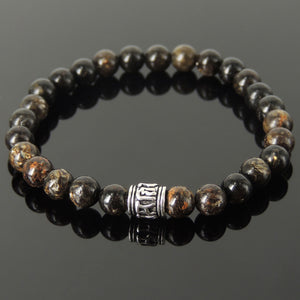 6mm Healing RARE Black and Gold Mica for Opening Head Center | Handmade Elastic Stretch Bracelet | 8th Soul Star Chakra | Genuine 925 Sterling Silver Barrel Bead with Protection Sanskrit Symbols