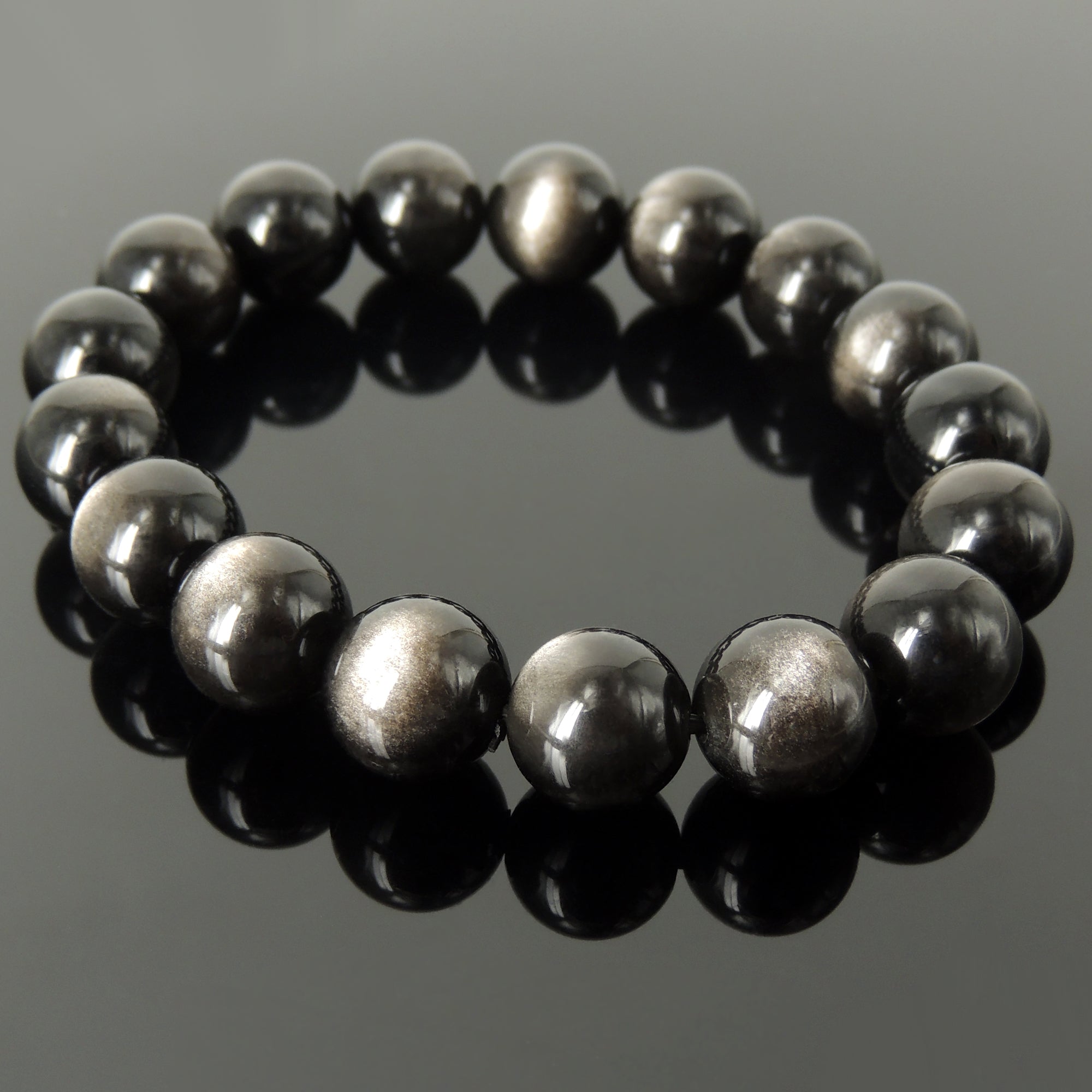 Highest Quality Silver Sheen Obsidian Healing Gemstones | Handmade Stretch Bracelet | 12mm Large Bold Modern Beads | Root Chakra and Third Eye Chakra Reiki Balancing