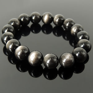 Highest Quality Silver Sheen Obsidian Healing Gemstones | Handmade Stretch Bracelet | 12mm Large Bold Modern Beads | Root Chakra and Third Eye Chakra Reiki Balancing