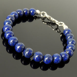 8mm Lapis Lazuli Healing Gemstone Bracelet with S925 Sterling Silver Spacer Beads & S-Hook Clasp - Handmade by Gem & Silver BR530