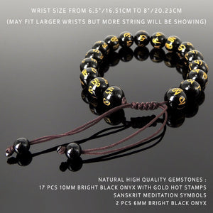 Elegant Glossy Black Onyx Gemstones with Gold Hot Stamps OM Meditation Mantra Symbol Pattern, Handmade braided bracelet, Gemstone Jewelry for Prayer, Healing, Yoga, Mindfulness