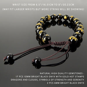 Elegant Glossy Black Onyx Gemstones with Gold Hot Stamps Dragon and cloud, symbols of strength and serenity, Handmade adjustable braided bracelet, Gemstone Jewelry for Prayer, Healing, Yoga, Mindfulness Meditation