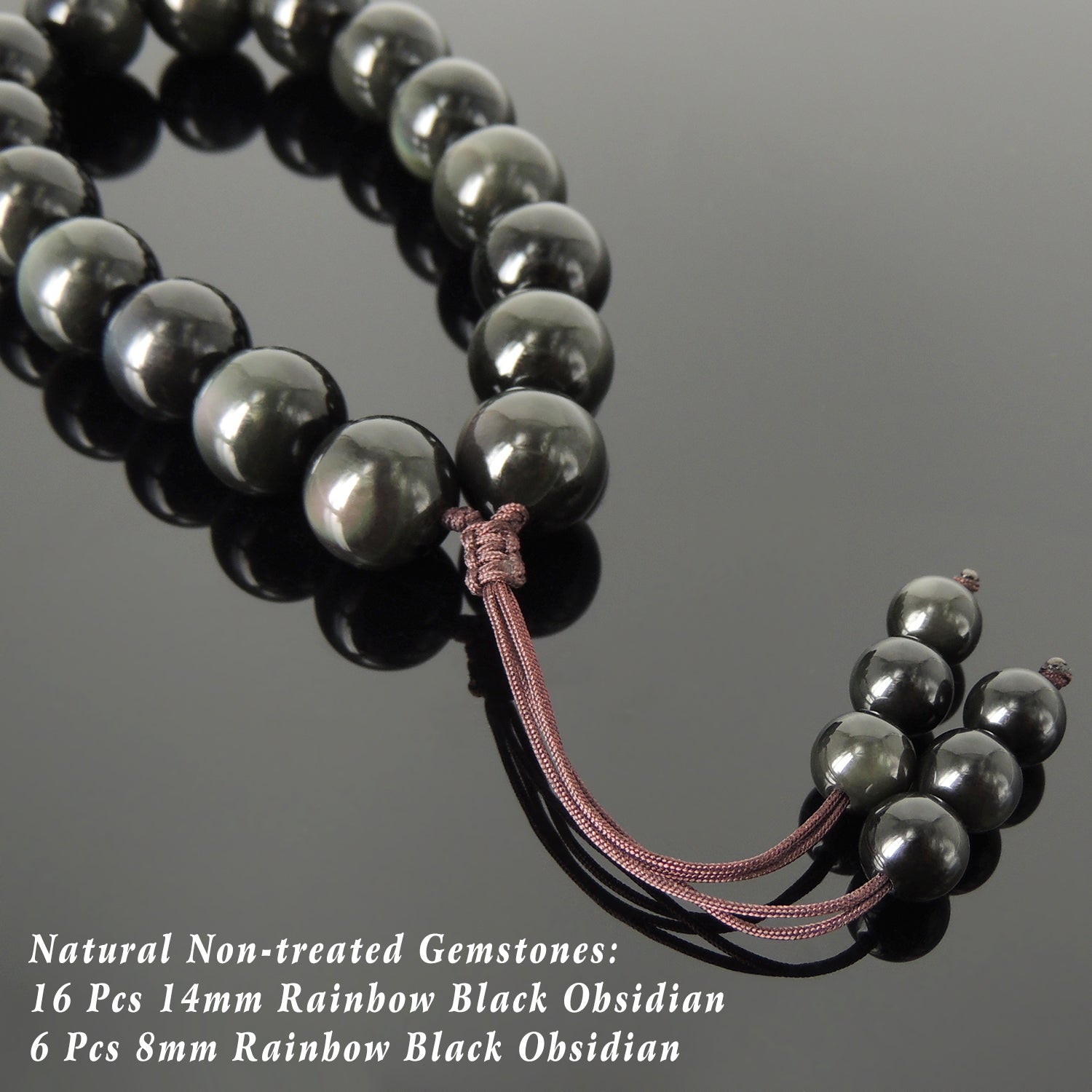 Handmade Adjustable Braided Cords, Healing 14mm Rainbow Black Obsidian Meditation Beads, Natural Gemstones - Men's Women's Protection & Compassion HL005