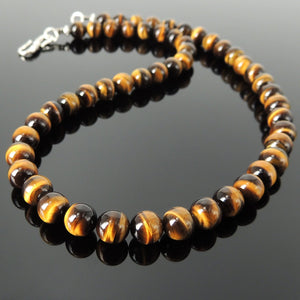8mm Grade AAA Brown Tiger Eye Healing Gemstone Necklace with S925 Sterling Silver Spacers & S-Hook Clasp - Handmade by Gem & Silver NK080