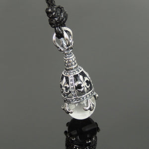 Clear Quartz Crystal Orb Adjustable Wax Rope Necklace with S925 Sterling Silver Fleur de Lis Pendant for Positive Healing Energy - Handmade by Gem & Silver NK125