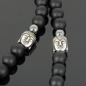 Matte Black Onyx & Hematite Healing Gemstone Necklace with S925 Sterling Silver Guanyin Pendant Sakyamuni Buddha Beads Spacers & S-hook Clasp- Handmade by Gem & Silver NK130