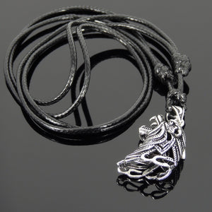 Adjustable Wax Rope Necklace with S925 Sterling Silver Vintage Wolf Courage Pendant - Handmade by Gem & Silver NK170