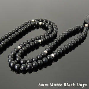Matte Black Onyx & Black Obsidian Guanyin Buddha Pendant Adjustable Braided Necklace with S925 Sterling Silver Spacer Beads - Handmade by Gem & Silver NK176
