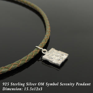 Handmade Om Serenity 90's Choker Necklace - Authentic Olive Green Leather for Men's Women's Casual Wear, Healing with Sterling Silver 925 (non-plated) Toggle S-Clasp NK217