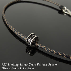 Handmade Cross Pattern 90's Choker Necklace - Authentic Turkish Brown Leather for Men's Women's Casual Wear, Protection with Sterling Silver 925 (non-plated) Toggle S-Clasp NK225