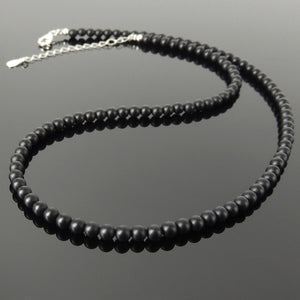 Handmade Adjustable Chain Gemstone Necklace - Men's Women's Casual Wear, Protection with Healing Natural Matte Black Onyx 4mm Beads, Genuine Non-Plated S925 Sterling Silver Clasp NK250