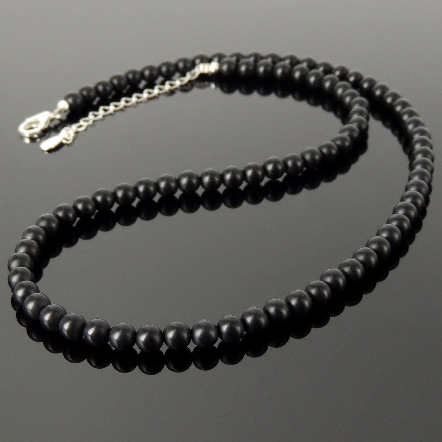 Handmade Adjustable Chain Gemstone Necklace - Men's Women's Casual Wear, Protection with Healing Natural Matte Black Onyx 5mm Beads, Genuine Non-Plated S925 Sterling Silver Clasp NK251
