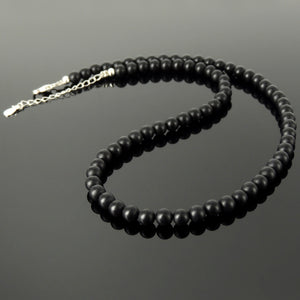 Handmade Adjustable Chain Gemstone Necklace - Men's Women's Casual Wear, Protection with Healing Natural Matte Black Onyx 6mm Beads, Genuine Non-Plated S925 Sterling Silver Clasp NK252