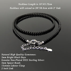 Handmade Adjustable Chain Gemstone Necklace - Men's Women's Casual Wear, Protection with Healing Natural Bright Black Onyx 3mm Beads, Genuine Non-Plated S925 Sterling Silver Clasp NK253