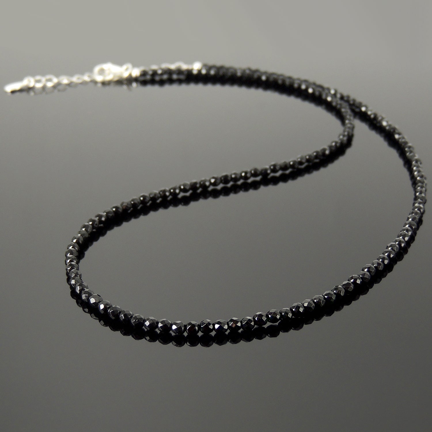Handmade Adjustable Chain Gemstone Necklace - Men's Women's Casual Wear, Protection with Healing Natural Bright Black Onyx 3mm Faceted Beads, Genuine Non-Plated S925 Sterling Silver Clasp NK254