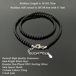 Handmade Adjustable Chain Gemstone Necklace - Men's Women's Daily Wear, Meditation with Healing Natural Bright Black Onyx 4mm Beads, Genuine Non-Plated S925 Sterling Silver Clasp NK255