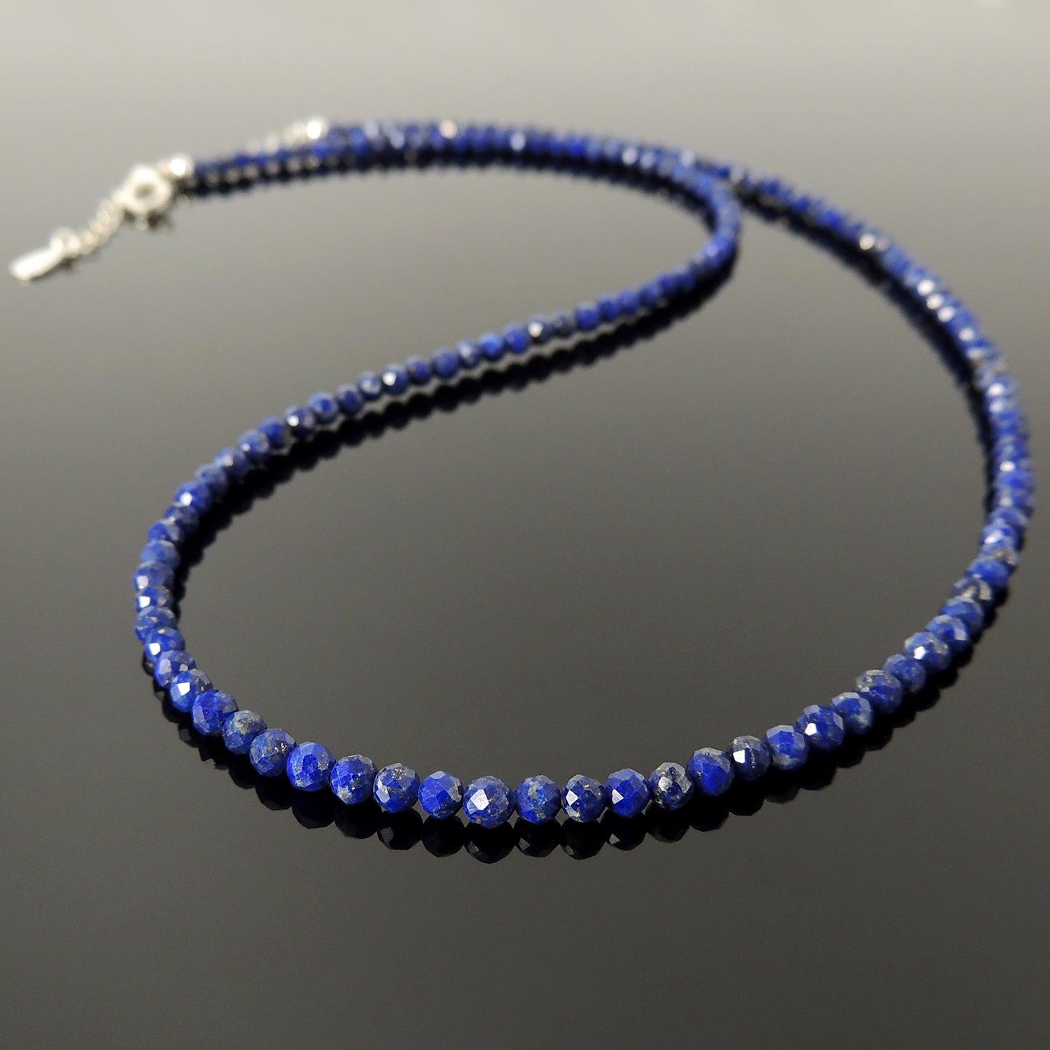 Handmade Adjustable Chain Crystal Necklace - Men's Women's Daily Wear, Awareness with Healing Natural Lapis Lazuli 3mm Faceted Beads, Genuine Non-Plated S925 Sterling Silver Clasp NK256