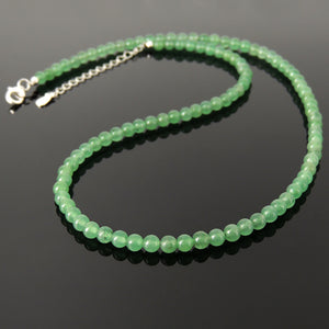 Handmade Healing Natural Aventurine Quartz Gemstone Necklace - Men's Women's Daily Wear, Awareness with 4mm Beads, Genuine Non-Plated S925 Sterling Silver Adjustable Chain & Clasp NK257