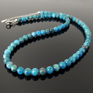 Handmade Adjustable Gemstone Necklace - Healing Natural Apatite Crystals 6.2mm Beads, Genuine Non-Plated S925 Sterling Silver Lobster Clasp, Beads, Chain for Men's Women's Casual Wear, Protection, Mindfulness Meditation NK259