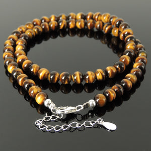 Handmade Adjustable Chain Necklace -  Natural Brown Tiger Eye, Top Grade 6mm Beads, Genuine Non-Plated S925 Sterling Silver Parts for Men's Women's Casual Wear, Healing, Protection, Mindfulness Meditation, Awareness NK261