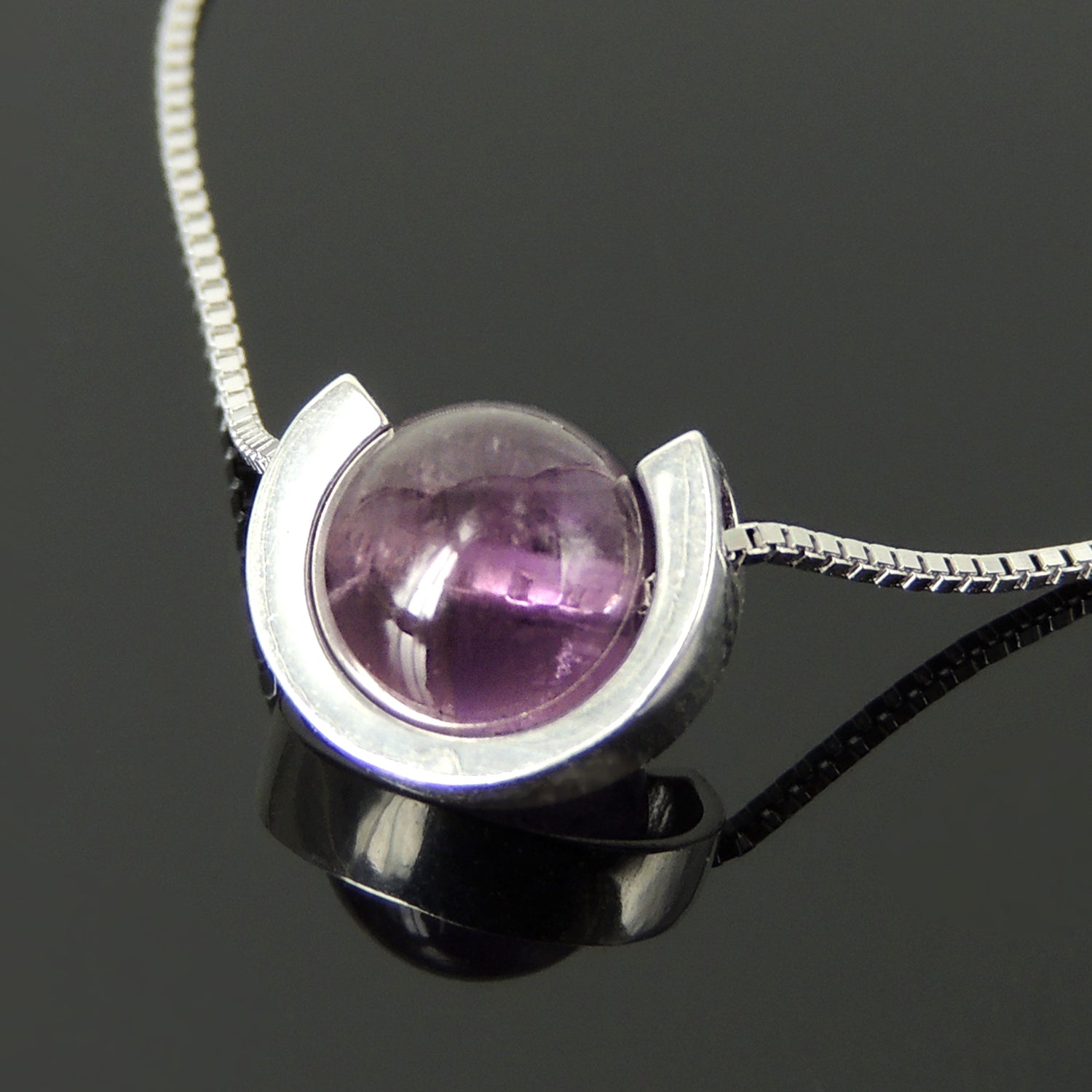 Natural Amethyst Gemstone Necklace - Handmade Minimal Aesthetic, February Birthstone, Genuine 925 Sterling Silver Moon Cradle Pendant and Small Box Chain