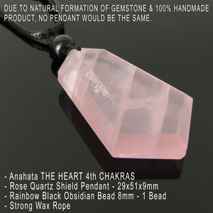 Protection Shield Necklace | Handmade Rose Quartz Pendant Rainow Obsidian Bead Adjustable Men Women Fashion Jewelry Heart Chakra Healing Musician Jewelry