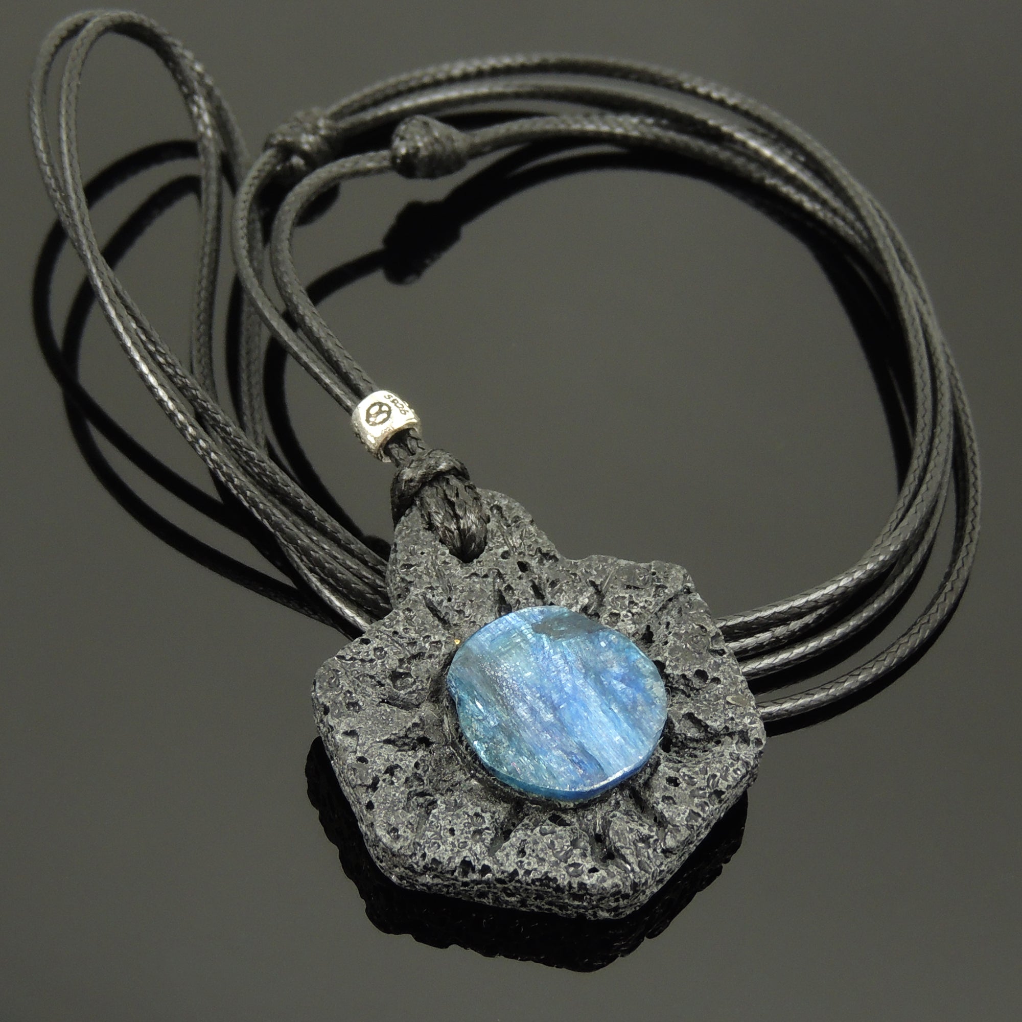 Raw Powerful Blue Kyanite and Lava Rock Pendant Necklace | Amulet for Healing and Balancing Energies - 1st 5th 6th Chakra Healing | Essential Jewelry for Intuition and Communication