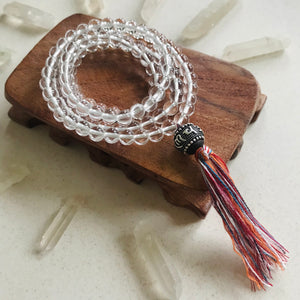 Healing Meditation with Genuine Clear Quartz | Simple Modern Handmade 108 Mala Necklace / Wrap Bracelet | Highest Quality 6mm Genuine Gemstone Beads | Crown Chakra Amplifier Crystals