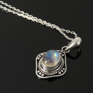 June Birthstone Elegant Oval Moonstone Pendant - Handmade Italian Box Chain Necklace, Bohemian Jewelry, Gypsy Goth Aesthetic, Meditation Gemstone Amulet, White Gold Plated Sterling Silver 925 Purity