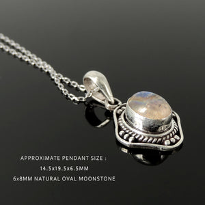 June Birthstone Elegant Oval Moonstone Pendant - Handmade Italian Box Chain Necklace, Bohemian Jewelry, Gypsy Goth Aesthetic, Meditation Gemstone Amulet, White Gold Plated Sterling Silver 925 Purity