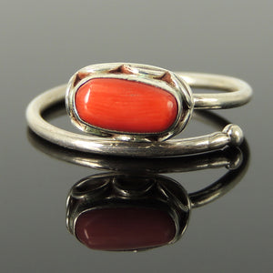 Women's Precious Red Coral Ring, Elongated Oval Corallium, Handmade Bezel Midi Ring, Stackable, Vintage Navajo Boho, Adjustable Sterling Silver Non-allergenic 925 Purity