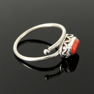 Women's Precious Red Coral Ring, Elongated Oval Corallium, Handmade Bezel Midi Ring, Stackable, Vintage Navajo Boho, Adjustable Sterling Silver Non-allergenic 925 Purity