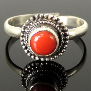 Natural Red Coral Ring, Handmade in Nepal, Bezel Midi Ring, Elegant & Stackable, Women's Navajo Bohemian Jewelry, Adjustable Sterling Silver Non-allergenic with 925 Purity