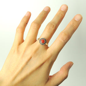 Natural Red Coral Ring, Handmade in Nepal, Bezel Midi Ring, Elegant & Stackable, Women's Navajo Bohemian Jewelry, Adjustable Sterling Silver Non-allergenic with 925 Purity