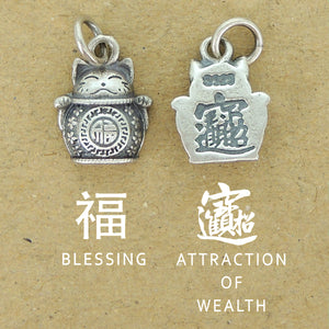1 PC Lucky Cat Maneki Neko Pendant Charm | Blessing Protection Attraction of Wealth Unique DIY Jewelry Parts | Genuine 925 Sterling Silver with 925 Stamp 福 招财进宝