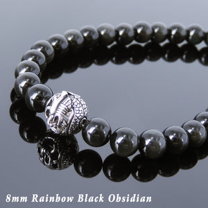 8mm Rainbow Obsidian Healing Stone Necklace with S925 Sterling Silver Dragon Protection Bead & S-Hook Clasp - Handmade by Gem & Silver NK113